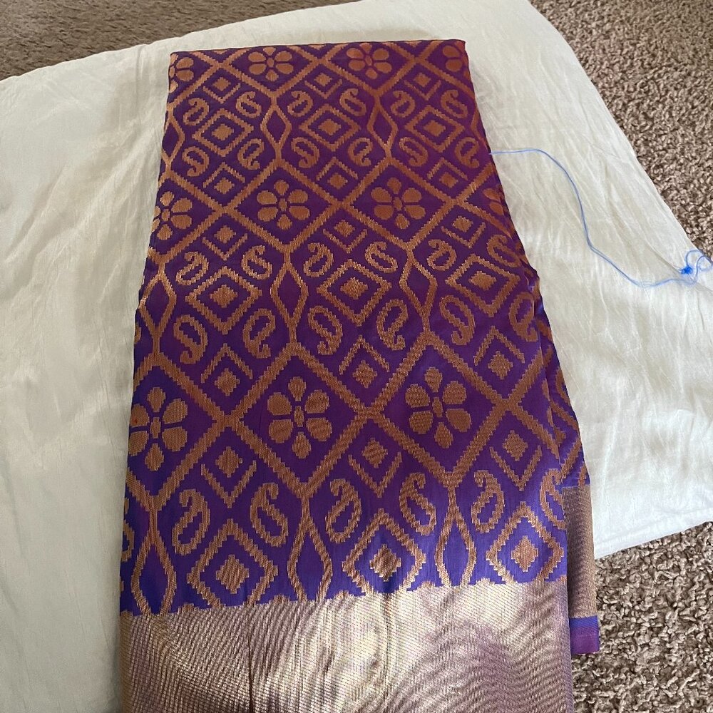 Purple Banarasi silk  Saree with allover  Gold Zari Work + Blouse fabric